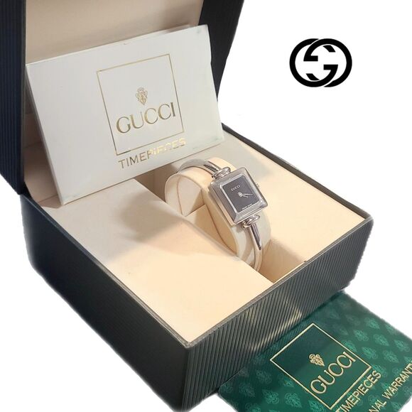 Gucci Swiss Made 1900L Dainty Silver Stainless Steel Square Bangle Watch & Box - Picture 1 of 12